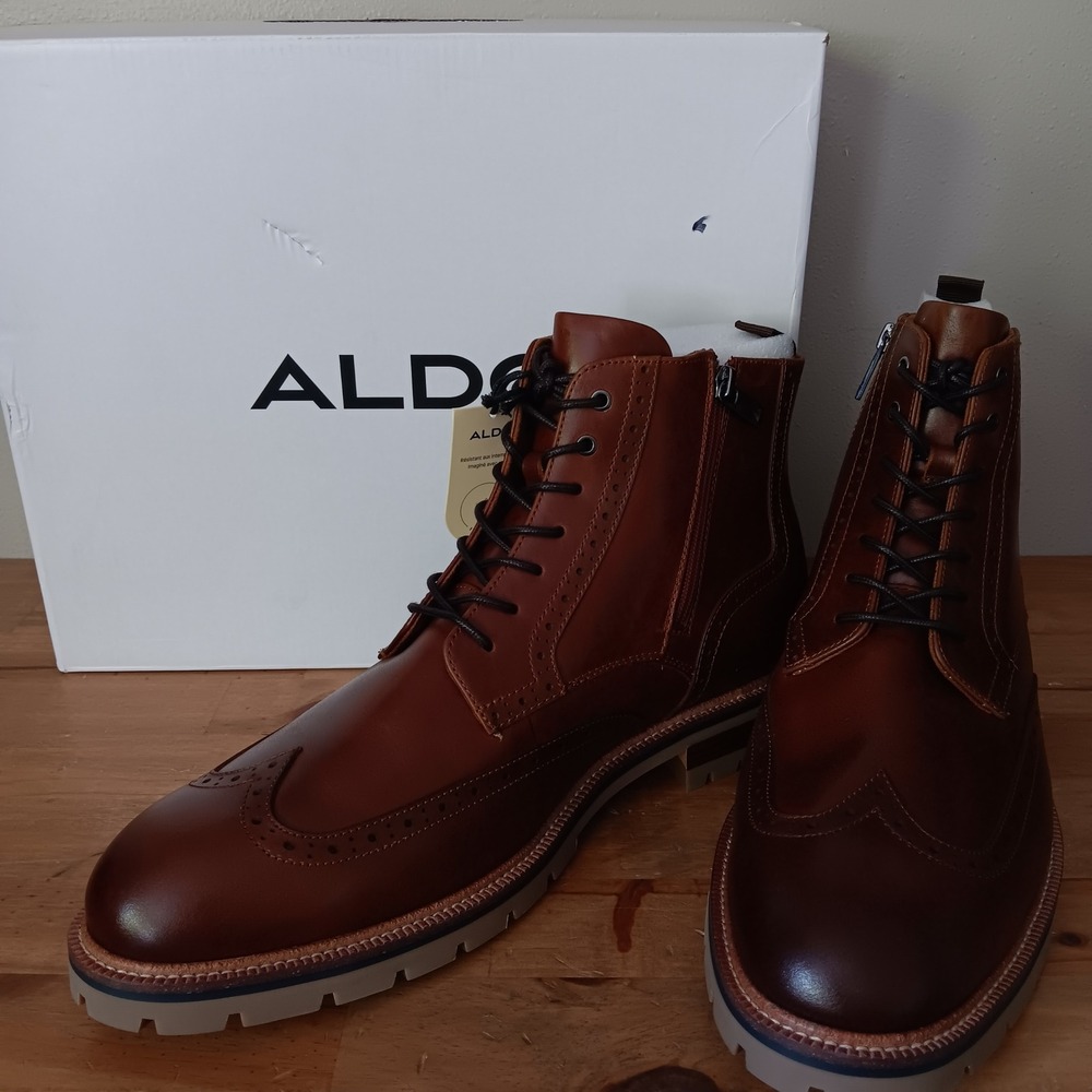 Aldo Toney-220 Wingtip Boots Mens 13 Cognac New Leather Lug Sole Brogue Zip